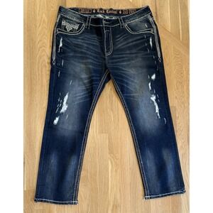 $220 Mens Rock Revival "Norwell" Acid Wash Leather Inserts Slim Straight 42 X 32